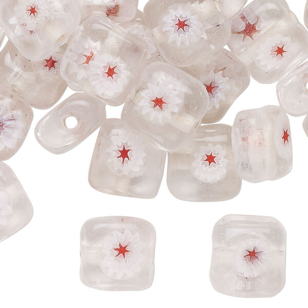 Bead, millefiori glass, clear / white / red, 11mm puffed square. Sold per pkg of 50. image number 0