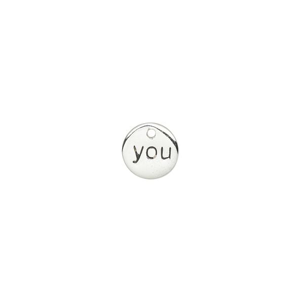 Drop, sterling silver and enamel, black, 8mm single-sided round with "you." Sold individually. image number 0