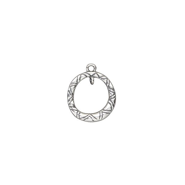 Drop, antiqued sterling silver, 11.5mm single-sided open round with lined design and inside loop. Sold individually. image number 0