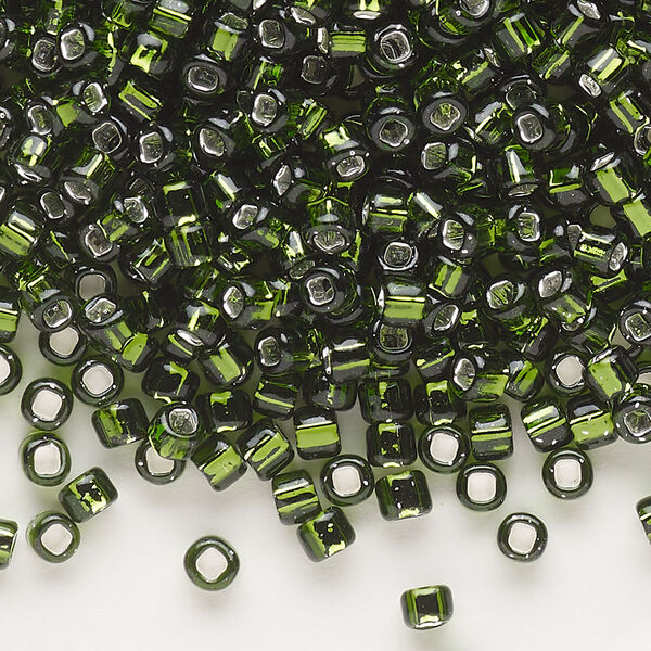 Seed bead, Dyna-Mites™, glass, silver-lined translucent olive green, #6 round with square hole. Sold per 40-gram pkg. image number 0