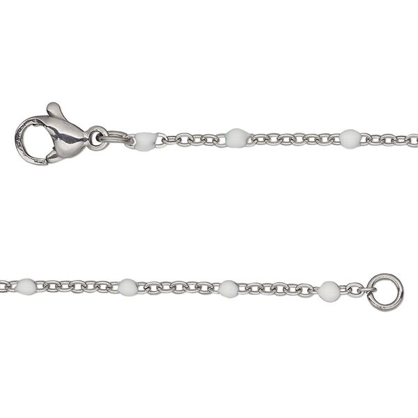 Chain, stainless steel and enamel, white, 1.7mm flat cable with 2mm ball, 18 inches with lobster claw clasp. Sold individually. image number 0