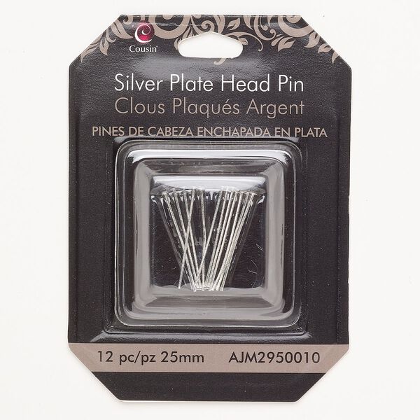 Head pin brass 12pk 1 inch 22 gauge, silver plate image number 0
