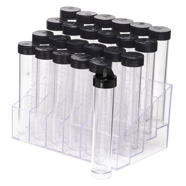 Display, acrylic, clear, 5-3/4x3-3/4 inch rectangle rack with 24 clear 4x3/4 inch wide vials with black twist-on caps with hang-tabs. Sold per set. image number 1