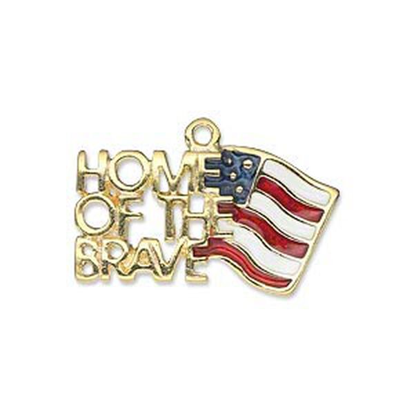 Charm, gold-finished "pewter" (zinc-based alloy) and enamel, red / white / blue, 28x15mm USA flag and "Home of the Brave." Sold individually. image number 0