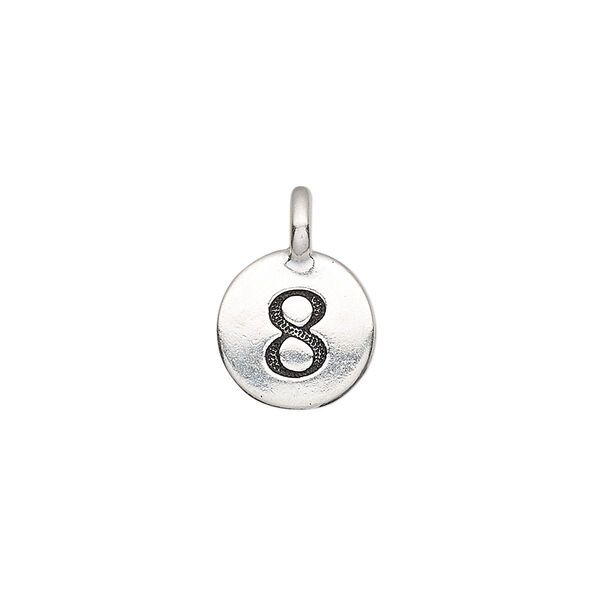 Drop, TierraCast®, antique silver-plated pewter (tin-based alloy), 11.5mm single-sided round with textured number "8." Sold per pkg of 2. image number 0