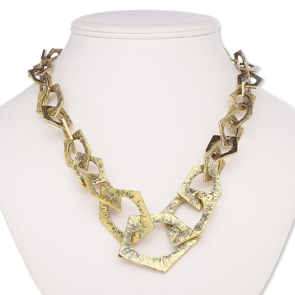 Necklace, antique gold-coated plastic / antique gold-finished steel / brass / "pewter" (zinc-based alloy), 23x18mm-53x38mm graduated textured pentagon, 20 inches with 1-1/2 inch extender chain and lobster claw clasp. Sold individually. image number 0