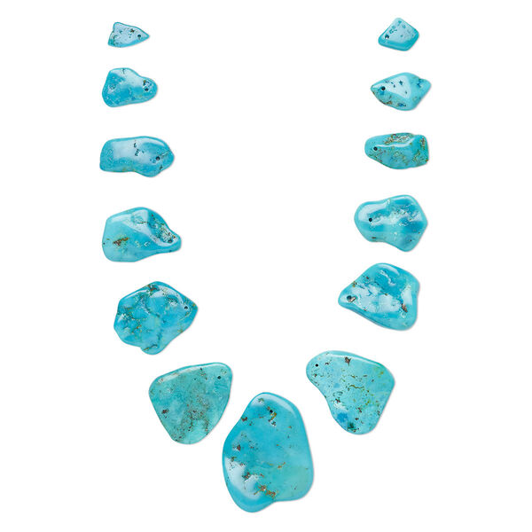Bead, turquoise (dyed / stabilized), blue / blue-green / green, 8x2mm-32x4mm graduated top-drilled freeform, B grade, Mohs hardness 5 to 6. Sold per pkg of 13. image number 0