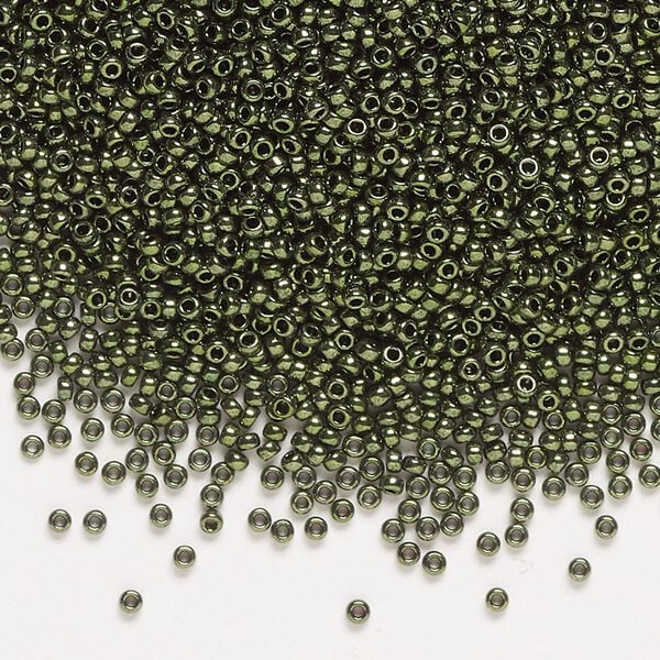 Seed bead, Miyuki, glass, pkg/35g, #15 rocaille, opaque metallic olive (RR-459). image number 0
