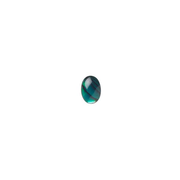 Cabochon, paua shell (dyed / coated), green, 7x5mm calibrated oval, Mohs hardness 3-1/2. Sold per pkg of 10. image number 0