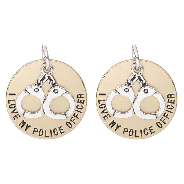 Drop, antique silver- and copper-finished "pewter" (zinc alloy), 26mm round with handcuffs and "I Love My Police Officer." Sold per pkg of 2. image number 0