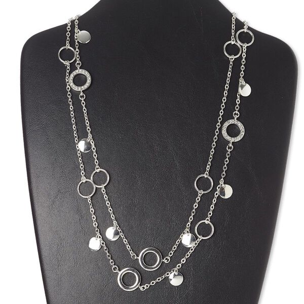 Necklace, glass rhinestone / silver-finished "pewter" (zinc-based alloy) / steel / brass, clear, open round, 46 inches with toggle clasp. Sold individually. image number 0
