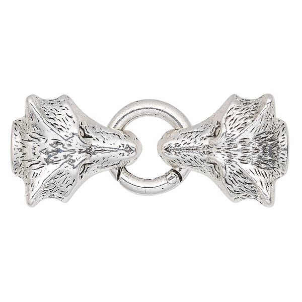 Clasp, self-closing hook, antique silver-finished "pewter" (zinc-based alloy), 57x23mm with 27x22.5mm wolf head and 20mm jump ring with glue-in ends, 8.5mm inside diameter. Sold individually. image number 0