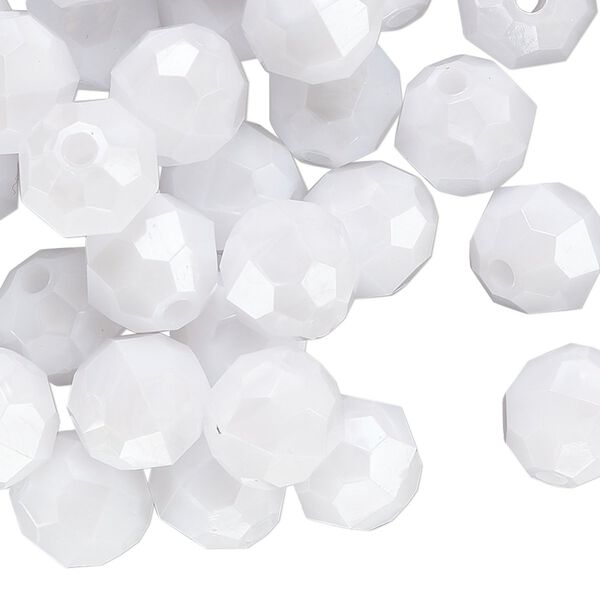 Bead, acrylic, opaque white pearl, 10mm faceted round. Sold per 100-gram pkg image number 0
