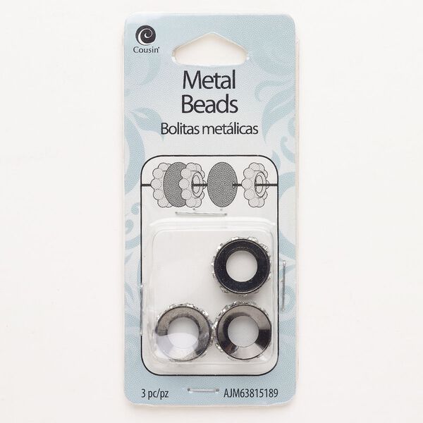 Bead, brass and glass, pkg/3, black finish and clear, 14x5mm large-hole rondelle. image number 0