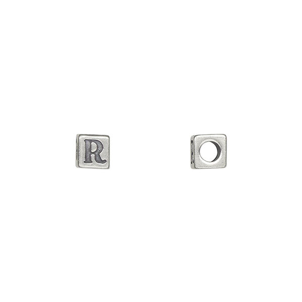 Bead, Dione®, alphabet bead, sterling silver, 5.5mm cube with alphabet letter "R." Sold individually. image number 0