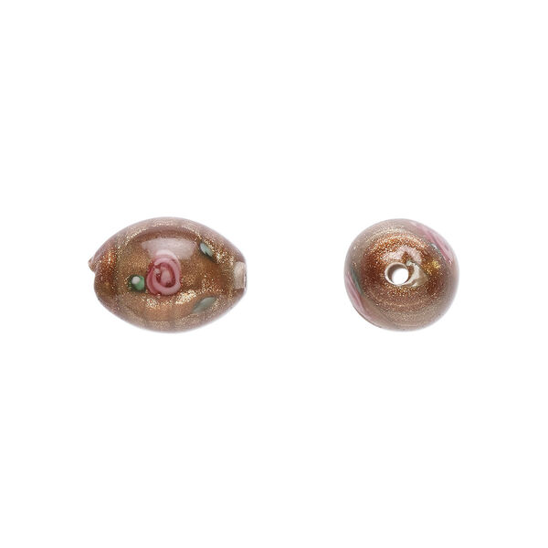 Bead, Czech lampworked glass, opaque brown / pink / green, 9x6mm-10x7mm olive with flower design. Sold per pkg of 4. image number 0
