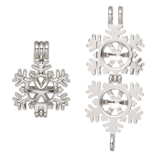 Pendant, imitation rhodium-finished "pewter" (zinc-based alloy), 25x19mm double-sided snowflake bead cage, fits up to 8mm bead. Sold individually. image number 0