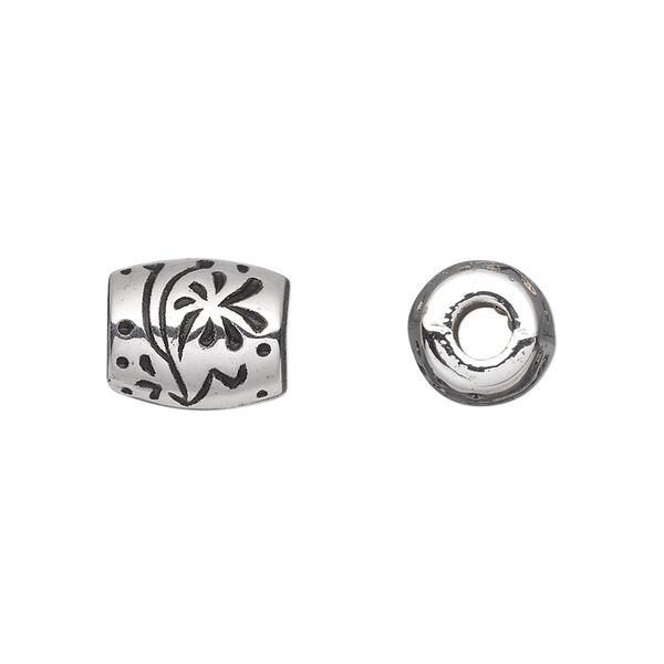 Bead, antique silver-finished copper-coated plastic, 12x10mm barrel with flowers. Sold per 50-gram pkg, approximately 55 beads. image number 0