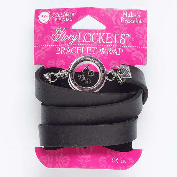 Bracelet, wrap, faux leather / silver-finished "pewter" (zinc-based alloy) / steel, black, 12mm wide, 22 inches with 2 lobster claw clasps. Sold individually. image number 0