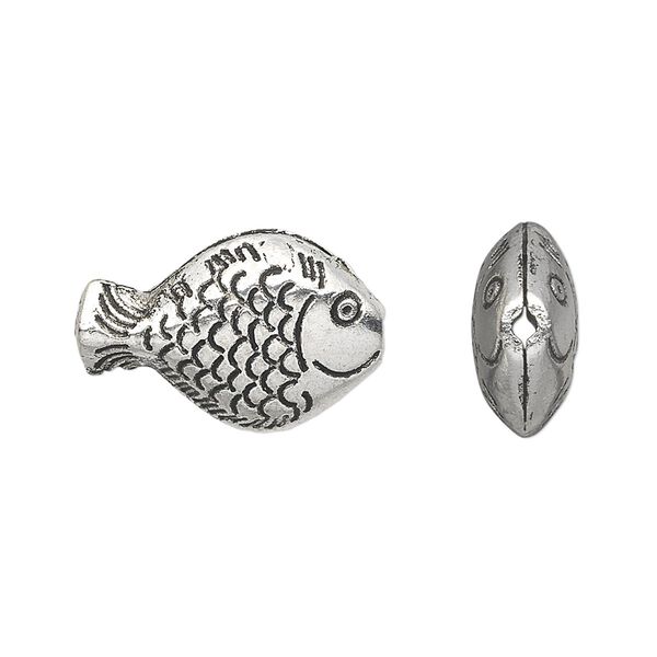 Bead, antique silver-plated "pewter" (zinc-based alloy), 20x14mm hollow fish. Sold per pkg of 10. image number 0