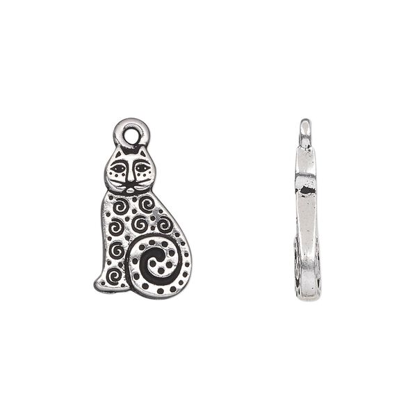 Charm, TierraCast®, antique silver-plated pewter (tin-based alloy), 16x10mm double-sided cat with swirls and dots. Sold per pkg of 2. image number 0