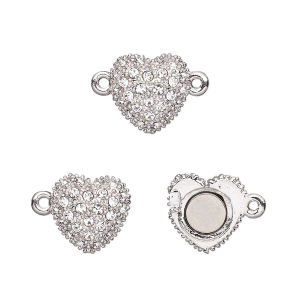 Clasp, magnetic, crystal and rhodium-plated pewter (tin-based alloy), crystal clear, 12x12mm textured heart. Sold individually. image number 0