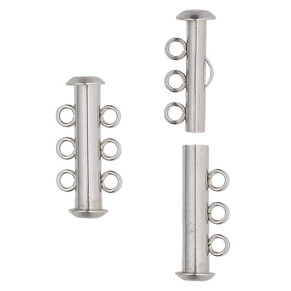 Clasp, 3-strand slide lock, stainless steel, 21x6mm tube. Sold per pkg of 4. image number 0