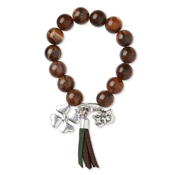 Bracelet, stretch, Czech glass rhinestone / faux suede / resin / antique silver-finished "pewter" (zinc-based alloy) and steel, brown / topaz brown / clear, 11mm round / 14x10mm owl / 20x19.5mm 4-leaf clover, 5-1/2 inches. Sold individually. image number 0
