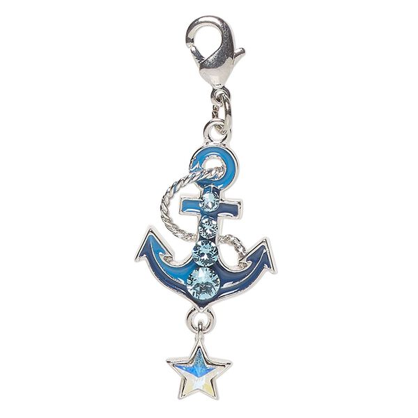Charm, "pewter" (zinc-based alloy) / steel /enamel, pkg/1, 26x15mm anchor with lobster claw clasp, silver finish and mixed colors. image number 0
