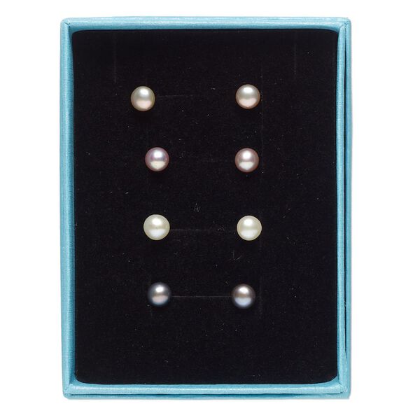 Earstud, cultured freshwater pearl (bleached / dyed) and stainless steel, assorted colors, 5.5-6mm button with post. Sold per pkg of 4 pairs. image number 0