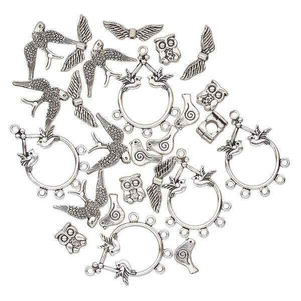 Bead / charm / drop, antique silver-plated "pewter" (zinc-based alloy), 11x9mm-29x23mm single- and double-sided assorted bird. Sold per pkg of 25. image number 0
