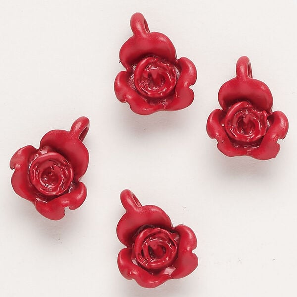 Charm, "pewter" (zinc-based alloy) and enamel, red, 17x13mm flower. Sold per pkg of 4. image number 0