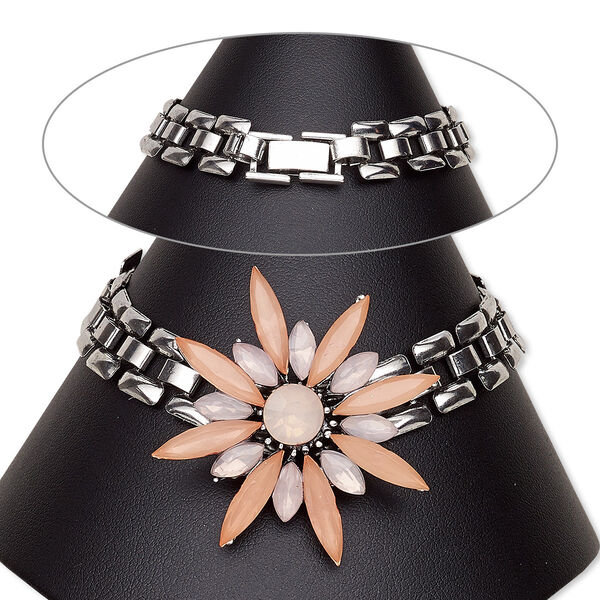Bracelet, acrylic with antique silver-plated steel and "pewter" (zinc-based alloy), light pink and pink, 12mm wide with 40x40mm flower, 7-1/2 inches with fold-over clasp. Sold individually. image number 0