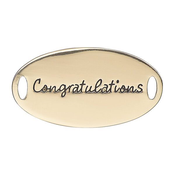 Link, antique gold-finished "pewter" (zinc-based alloy), 38x20mm single-sided flat oval with "Congratulations." Sold individually. image number 0