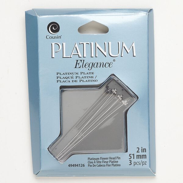 Head pin, copper, pkg/3, platinum plate, 2-inch, 22 gauge. image number 0