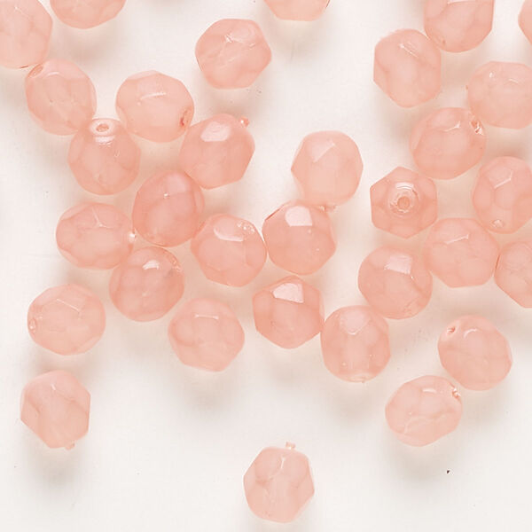 Bead, Czech fire-polished glass, coated translucent pink, 6mm faceted round. Sold per pkg of 50. image number 0