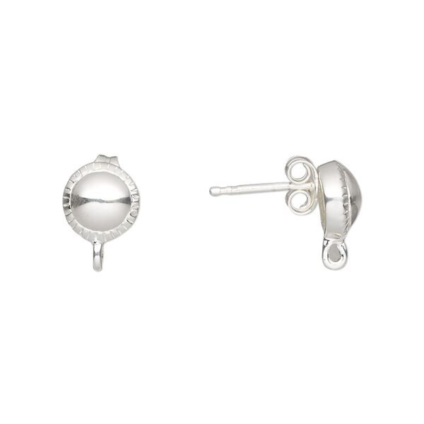 Earstud 1pkg2 sterling silver, 8mm corrugated rim half-ball / closed loop / earnuts, 1 pair image number 0