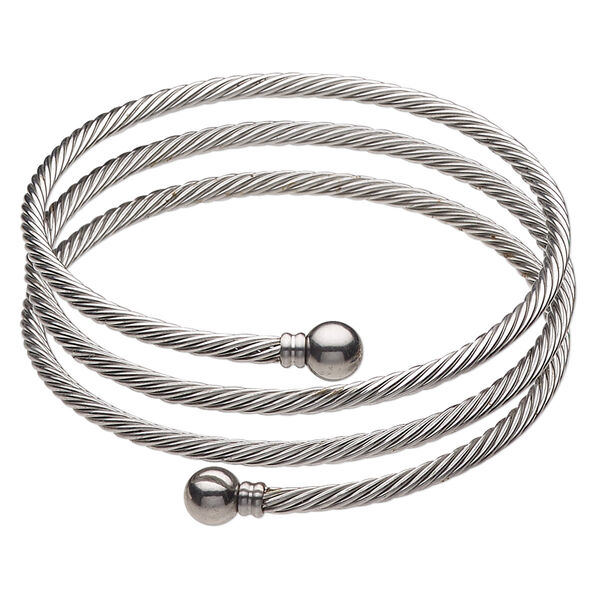 Bracelet, bangle, stainless steel, 3.5mm triple twisted cable, 8 inches with 8mm twist-off ball ends. Sold individually. image number 0