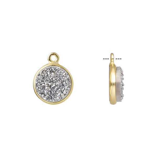 Druzy agate / sterling silver 1pkg1, electrocoated gold finished hand-cut flat round drop 11mm image number 0