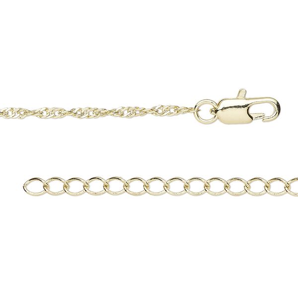Chain, gold-finished brass, 2mm Singapore, 7-1/2 inches with 1 to 3 inches extender chain and lobster claw clasp. Sold per pkg of 2. image number 0