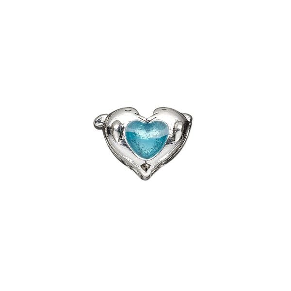 Bead, Dione®, glass and antique silver-plated pewter (tin-based alloy), blue, 16x11mm double-sided double dolphin with heart. Sold individually. image number 0