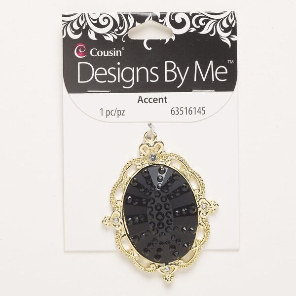 Focal, brass and glass, pkg/1, gold finish / black / clear, 58x47mm fancy oval. image number 0