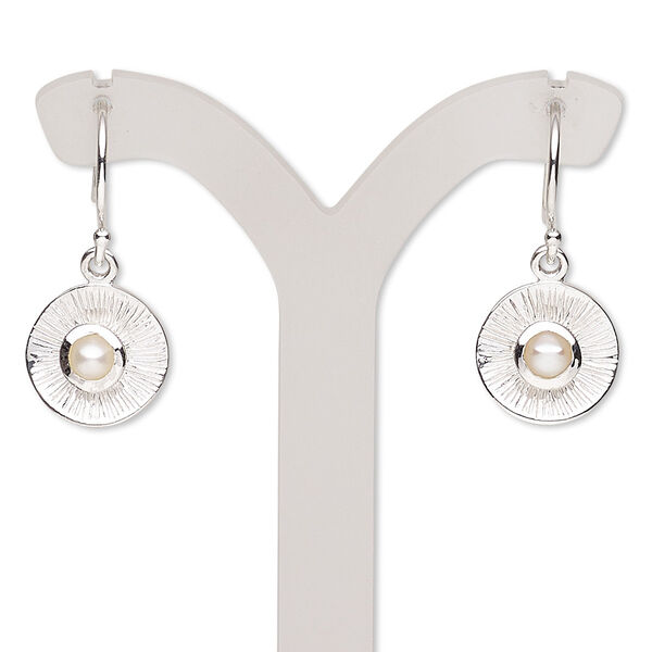 Earring, freshwater pearl (bleached) and sterling silver, white, 25mm with curved round and fishhook ear wire. Sold per pair. image number 0