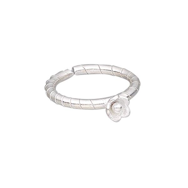 Ring, Hill Tribes, silver-plated copper, 6mm wide with 6mm flower, adjustable from size 7 to 9. Sold individually. image number 0
