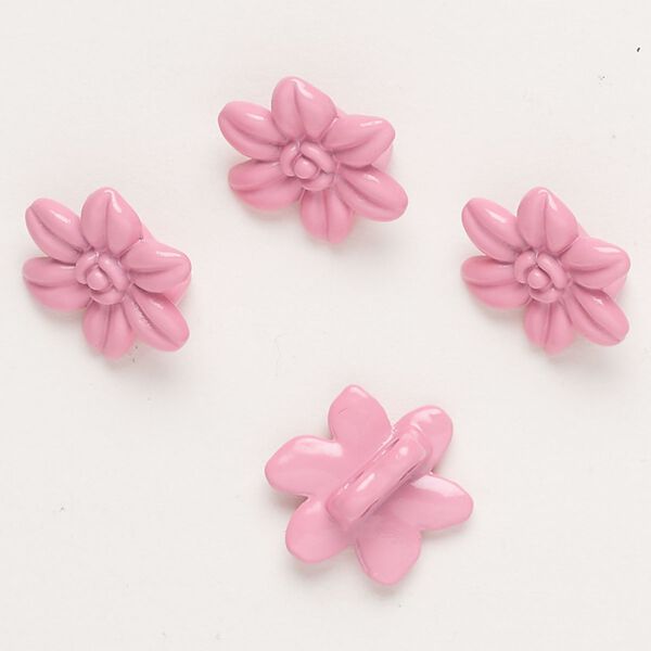 Spacer bar, "pewter" (zinc-based alloy) and enamel, pink, 14x12mm 2-strand flower, fits up to 4mm beads. Sold per pkg of 4. image number 0