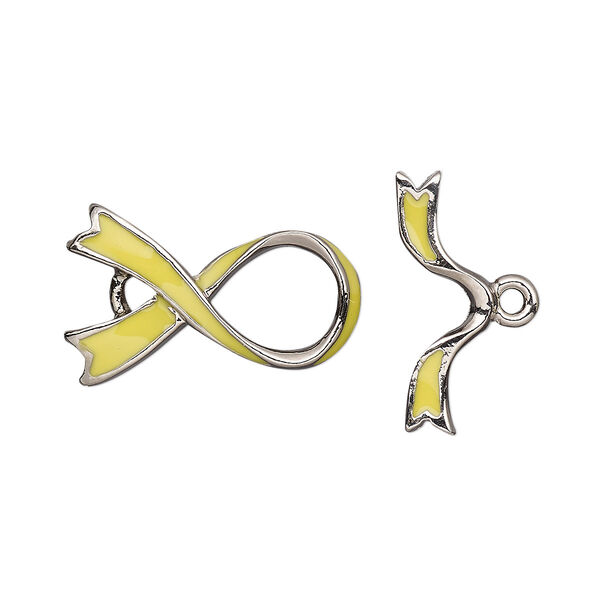 Clasp, toggle, enamel and silver-plated pewter (tin-based alloy), yellow, 23.5x14.5mm single-sided awareness ribbon. Sold individually. image number 0