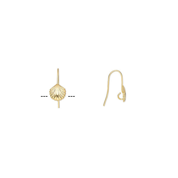 Ear wire, gold-plated brass, 17mm fishhook with 8.5x8mm shell and hidden open loop, 21 gauge. Sold per pkg of 5 pairs. image number 0