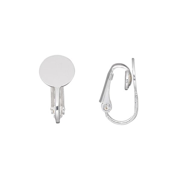 Earring clip-on 1pkg100 silver-plated, 18mm hinged / 9mm round pad, steel 50 pair image number 0
