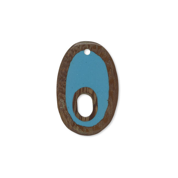 Drop, resin and wood (assembled), turquoise blue, 24x16mm double-sided oval with 7x3.5mm hole. Sold individually. image number 0