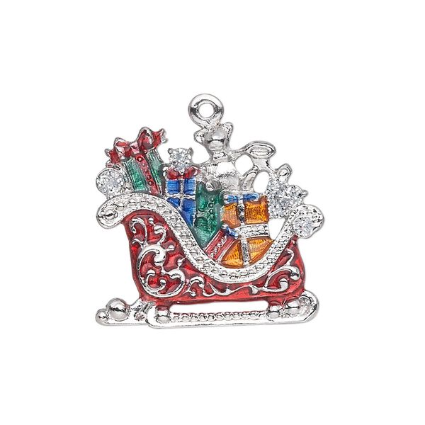 Charm, silver-plated "pewter" (zinc-based alloy) and enamel, multicolored, 25x21mm single-sided sleigh with presents and glitter. Sold individually. image number 0